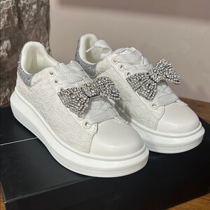 White Lace Platform Wedding Sneakers with Crystal Bow Accents. New in box size 6